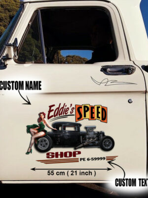 2 Pcs Personalized Pinup Girl Speed Shop Hot Rod Vinyl Decals For Cars