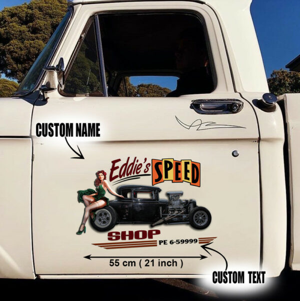 2 Pcs Personalized Pinup Girl Speed Shop Hot Rod Vinyl Decals For Cars