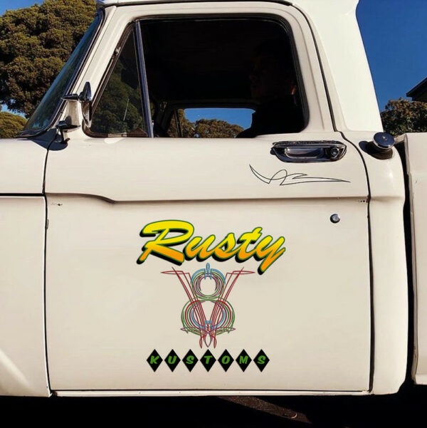 2 Pcs Personalized Pinstripe Hot Rod Garage Kustom Rat Rod Vinyl Decals