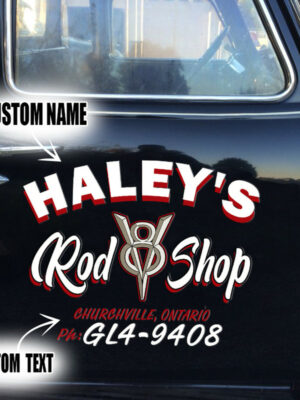 2 Pcs Personalized Pinstripe Hot Rod Garage, V8 Rod Shop Vinyl Stickers