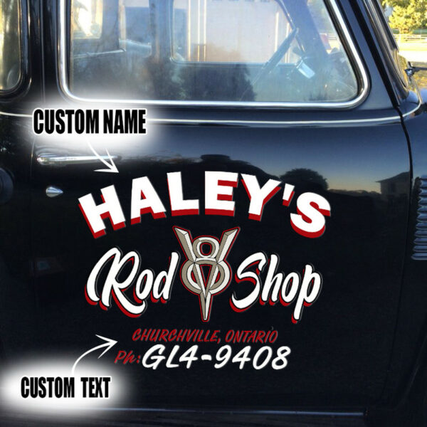 2 Pcs Personalized Pinstripe Hot Rod Garage, V8 Rod Shop Vinyl Stickers