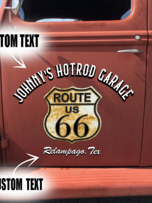 2 Pcs Personalized Route 66 Hot Rod Garage Speed Shop Pinstriping Lettering Vinyl Stickers
