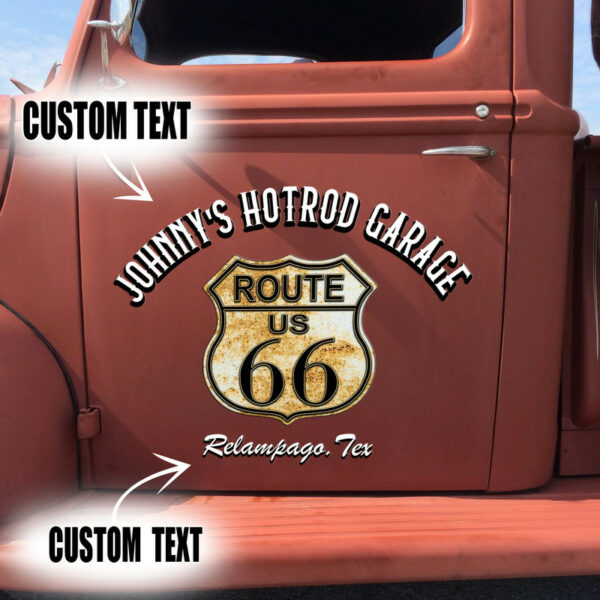 2 Pcs Personalized Route 66 Hot Rod Garage Speed Shop Pinstriping Lettering Vinyl Stickers